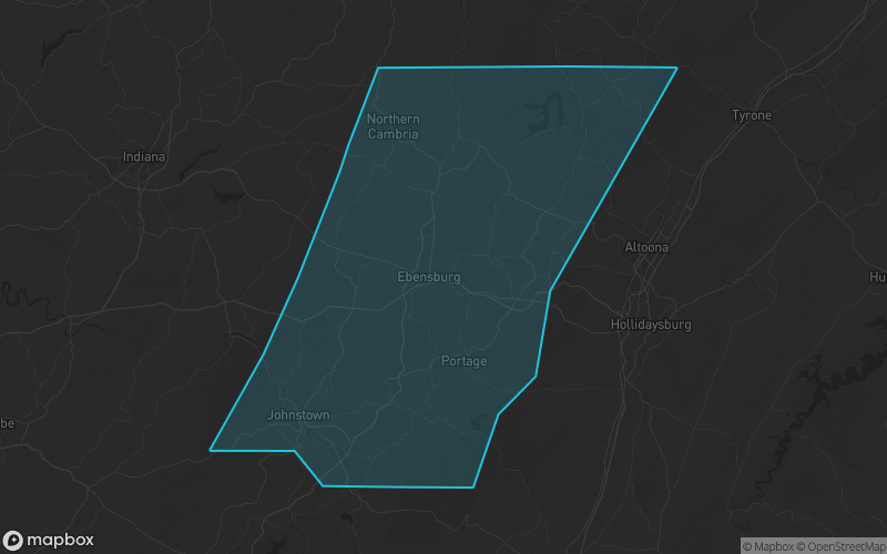 Map of Cambria County, Pennsylvania showing the county boundary and surrounding cities