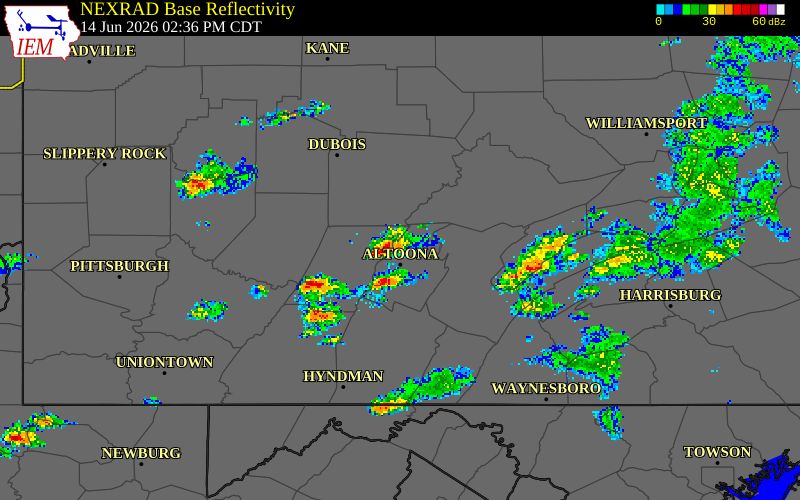NEXRAD radar during the Sunday, June 14, 2026 storm activity in Cambria County, Pennsylvania