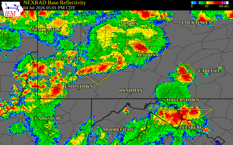 NEXRAD radar during the Saturday, July 4, 2026 storm activity in Cambria County, Pennsylvania