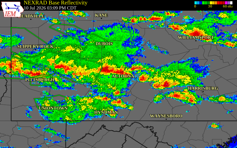 NEXRAD radar during the Friday, July 10, 2026 storm activity in Cambria County, Pennsylvania