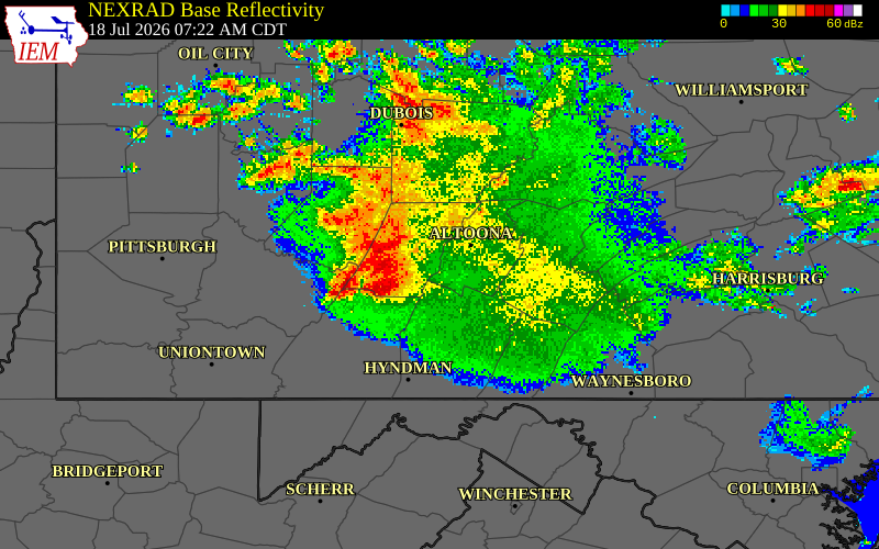 NEXRAD radar during the Saturday, July 18, 2026 storm activity in Cambria County, Pennsylvania