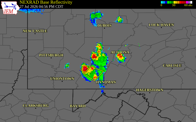 NEXRAD radar during the Monday, July 27, 2026 storm activity in Cambria County, Pennsylvania