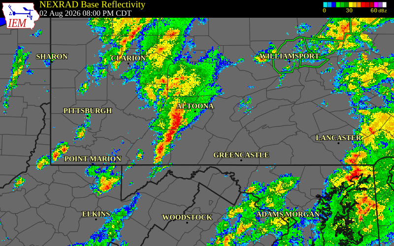 Radar snapshot during the Aug 2, 2026 wind event near Cambria County, Cambria County, Pennsylvania, with NWS warning polygons