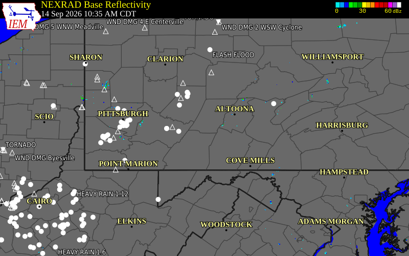 Current NEXRAD radar over Cambria County, Pennsylvania with recent storm report locations