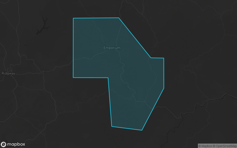 Map of Cameron County, Pennsylvania showing the county boundary and surrounding cities