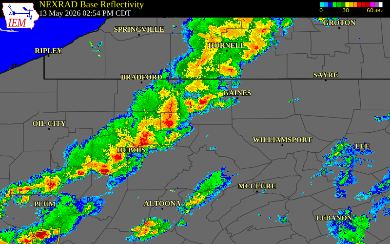 NEXRAD radar during the Wednesday, May 13, 2026 storm activity in Cameron County, Pennsylvania