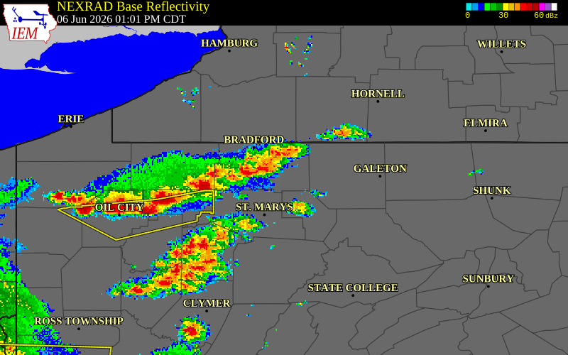 NEXRAD radar during the Saturday, June 6, 2026 storm activity in Cameron County, Pennsylvania
