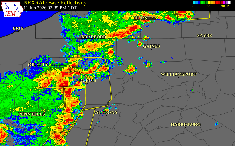 NEXRAD radar during the Thursday, June 11, 2026 storm activity in Cameron County, Pennsylvania