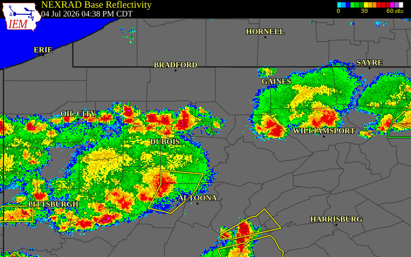 NEXRAD radar during the Saturday, July 4, 2026 storm activity in Cameron County, Pennsylvania