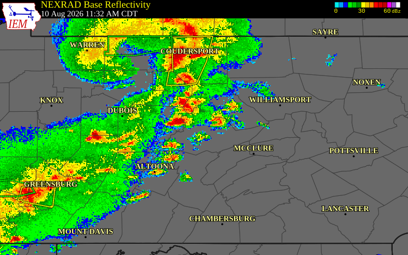 NEXRAD radar during the Monday, August 10, 2026 storm activity in Cameron County, Pennsylvania