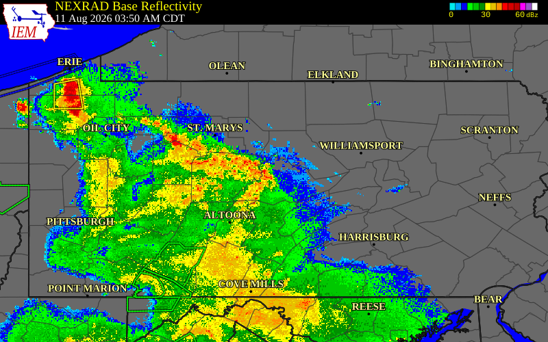 Radar snapshot during the Aug 11, 2026 wind event near Cameron County, Cameron County, Pennsylvania, with NWS warning polygons