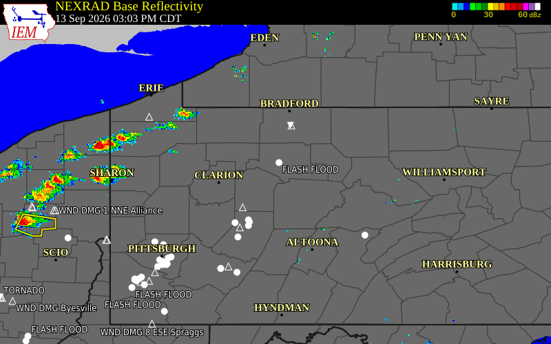 Current NEXRAD radar over Cameron County, Pennsylvania with recent storm report locations