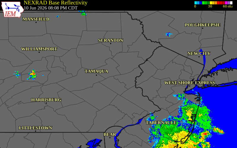 NEXRAD radar during the Wednesday, June 10, 2026 storm activity in Carbon County, Pennsylvania