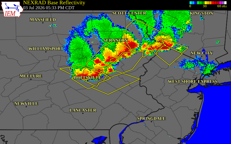 NEXRAD radar during the Friday, July 3, 2026 storm activity in Carbon County, Pennsylvania