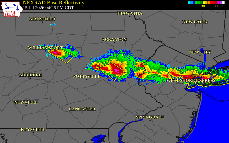 NEXRAD radar during the Wednesday, July 15, 2026 storm activity in Carbon County, Pennsylvania