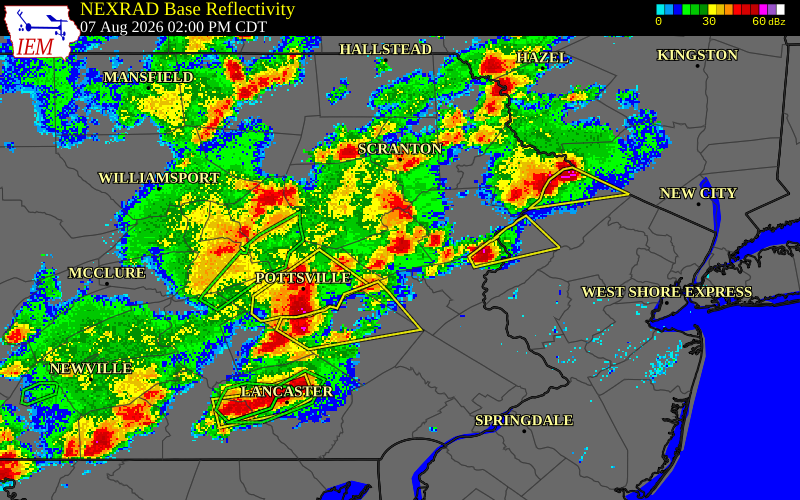 NEXRAD radar during the Friday, August 7, 2026 storm activity in Carbon County, Pennsylvania