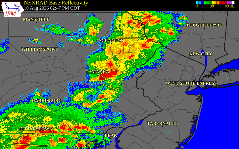 NEXRAD radar during the Monday, August 10, 2026 storm activity in Carbon County, Pennsylvania
