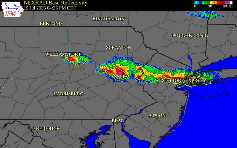 Radar snapshot during the Jul 15, 2026 hail event near 2 E Lehighton, Carbon County, Pennsylvania, with NWS warning polygons