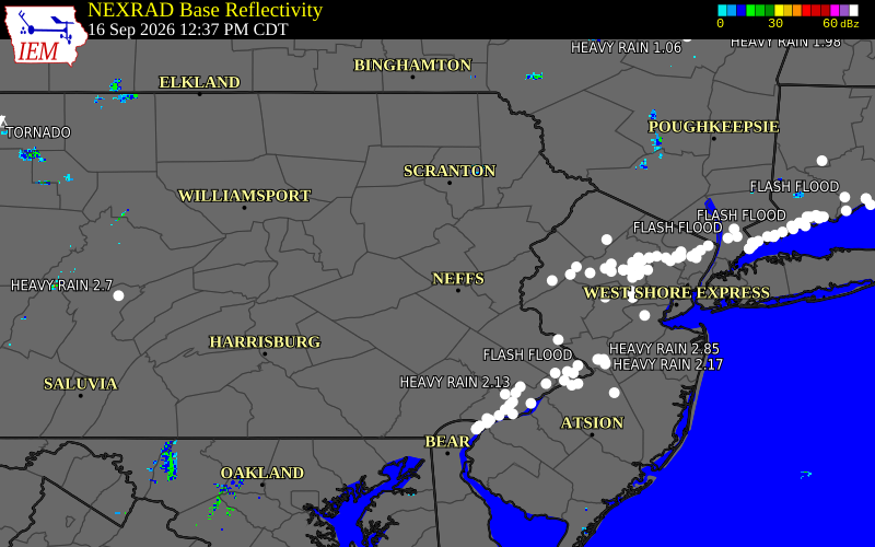 Current NEXRAD radar over Carbon County, Pennsylvania with recent storm report locations