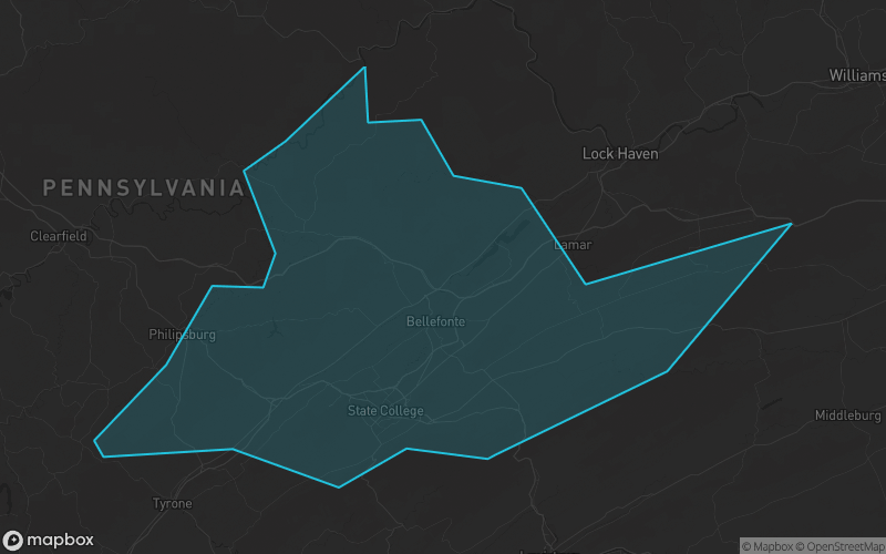 Map of Centre County, Pennsylvania showing the county boundary and surrounding cities