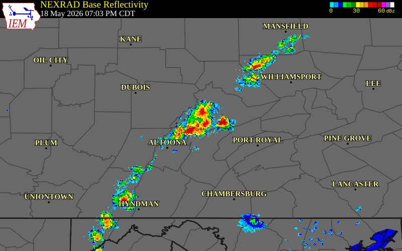 NEXRAD radar during the Monday, May 18, 2026 storm activity in Centre County, Pennsylvania