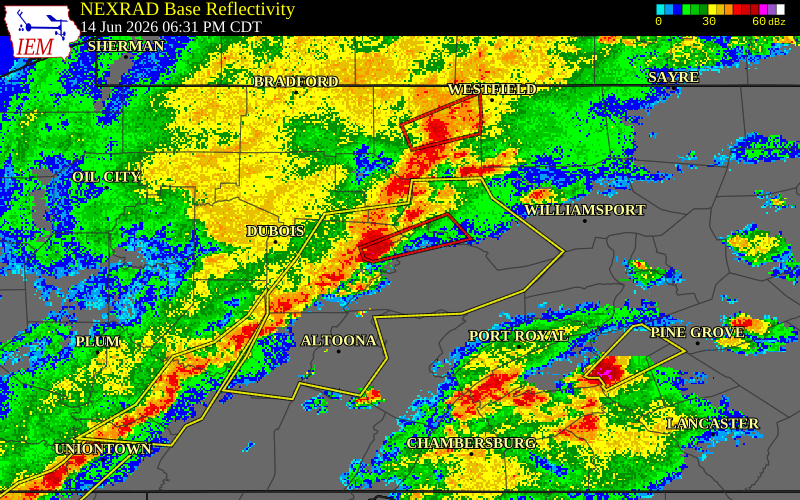 NEXRAD radar during the Sunday, June 14, 2026 storm activity in Centre County, Pennsylvania