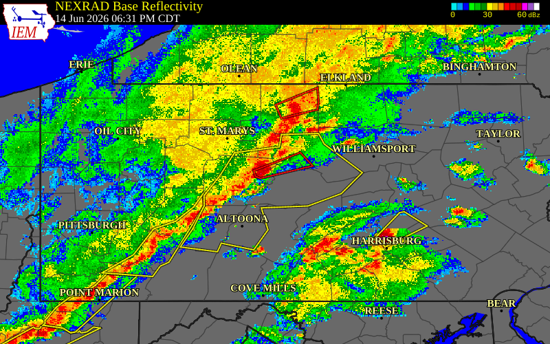 Radar snapshot during the Jun 14, 2026 tornado event near 2 S Pine Glen, Centre County, Pennsylvania, with NWS warning polygons