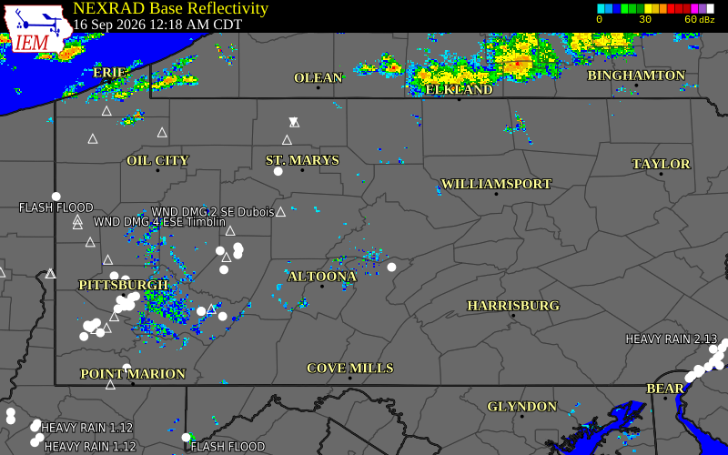 Current NEXRAD radar over Centre County, Pennsylvania with recent storm report locations