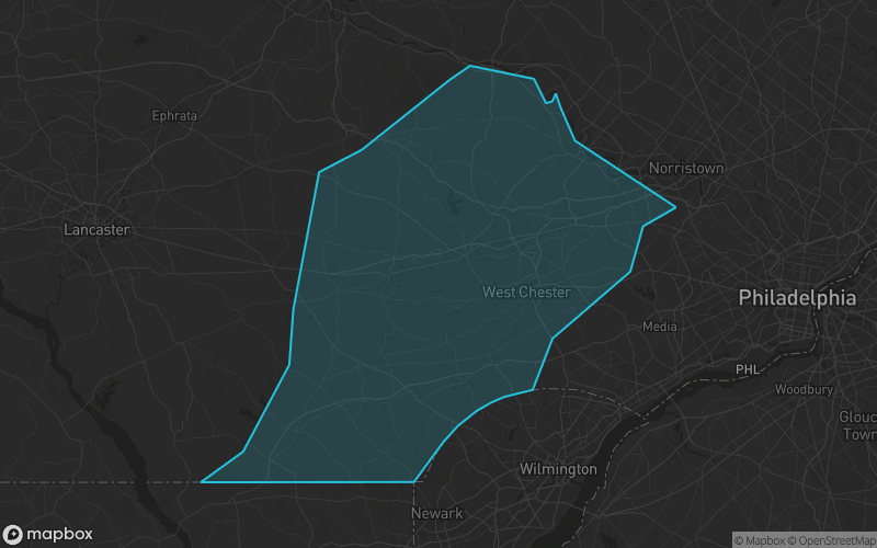 Map of Chester County, Pennsylvania showing the county boundary and surrounding cities