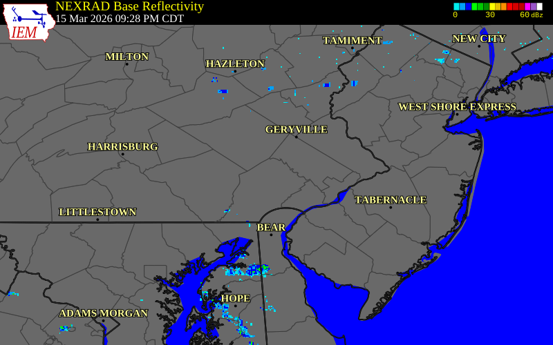 NEXRAD radar during the Sunday, March 15, 2026 storm activity in Chester County, Pennsylvania