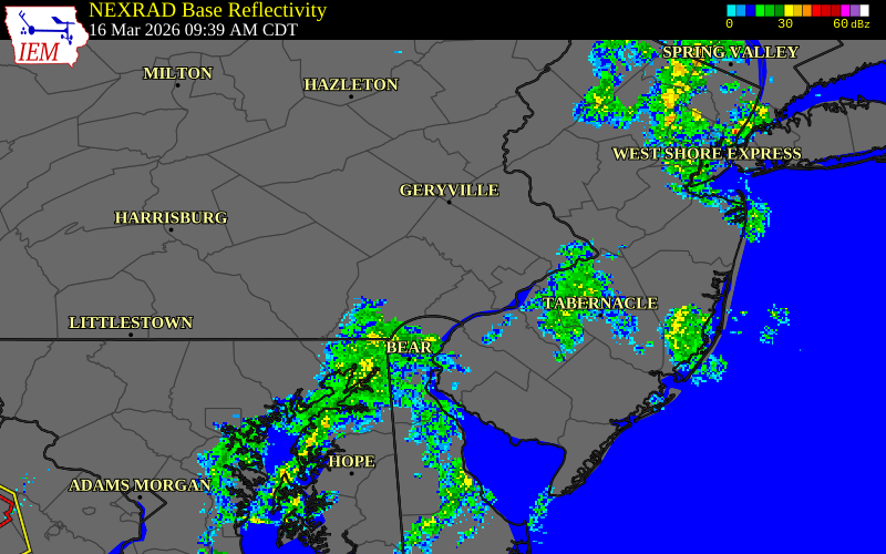 NEXRAD radar during the Monday, March 16, 2026 storm activity in Chester County, Pennsylvania