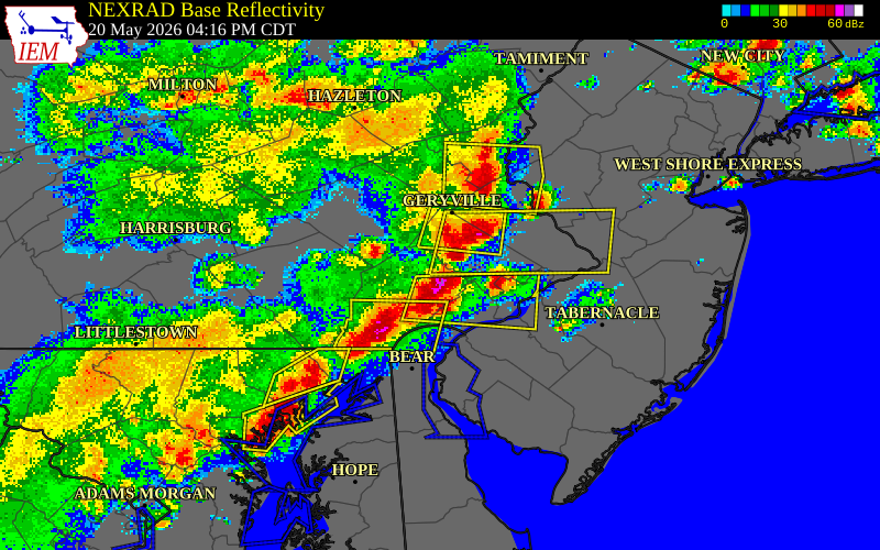 NEXRAD radar during the Wednesday, May 20, 2026 storm activity in Chester County, Pennsylvania