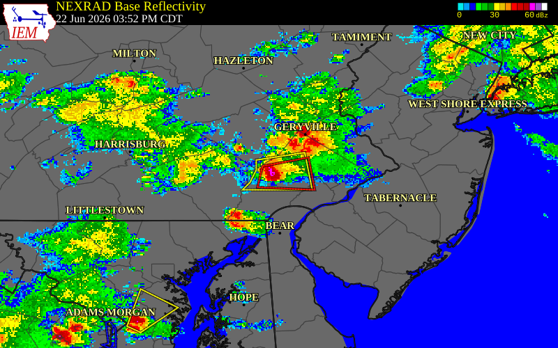 NEXRAD radar during the Monday, June 22, 2026 storm activity in Chester County, Pennsylvania