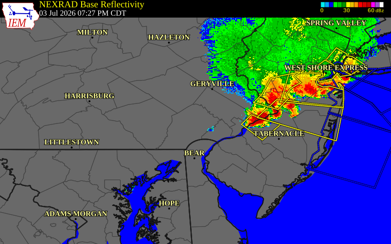 NEXRAD radar during the Friday, July 3, 2026 storm activity in Chester County, Pennsylvania