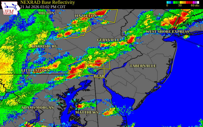 NEXRAD radar during the Tuesday, July 21, 2026 storm activity in Chester County, Pennsylvania