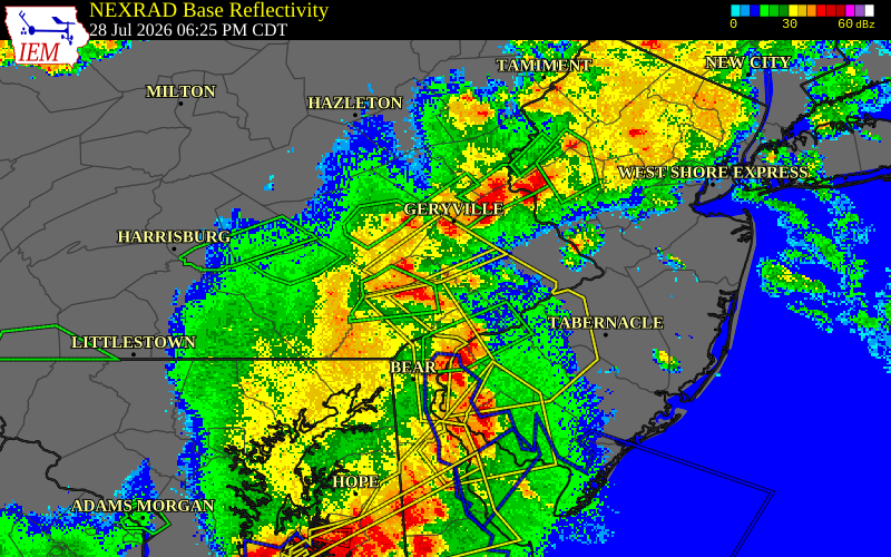 NEXRAD radar during the Tuesday, July 28, 2026 storm activity in Chester County, Pennsylvania