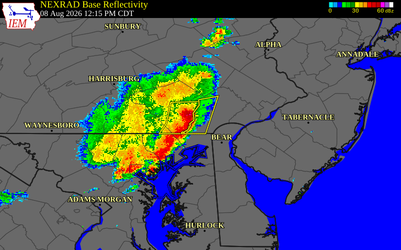 NEXRAD radar during the Saturday, August 8, 2026 storm activity in Chester County, Pennsylvania
