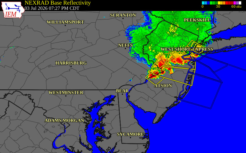 Radar snapshot during the Jul 3, 2026 wind event near 1 NNE East Caln Twp, Chester County, Pennsylvania, with NWS warning polygons