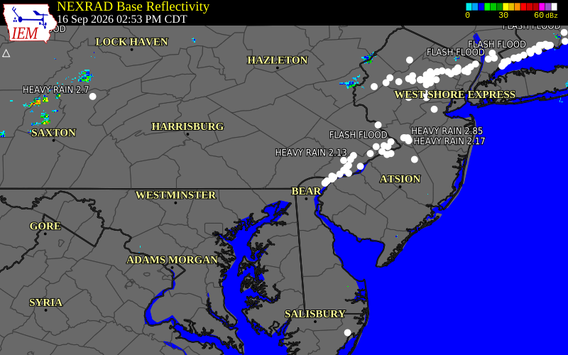 Current NEXRAD radar over Chester County, Pennsylvania with recent storm report locations
