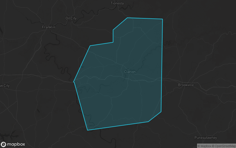 Map of Clarion County, Pennsylvania showing the county boundary and surrounding cities