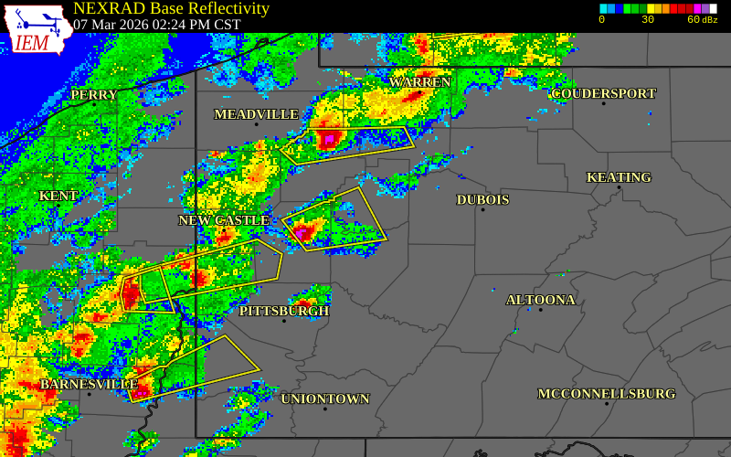 NEXRAD radar during the Saturday, March 7, 2026 storm activity in Clarion County, Pennsylvania