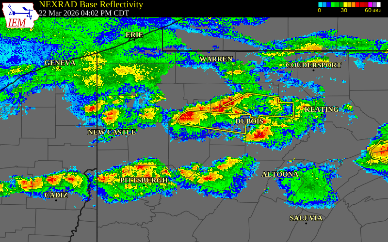NEXRAD radar during the Sunday, March 22, 2026 storm activity in Clarion County, Pennsylvania