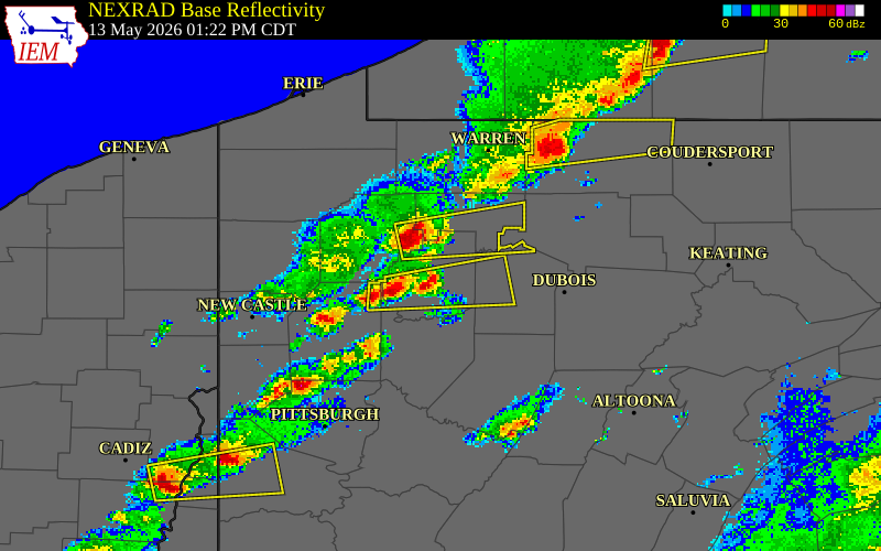 NEXRAD radar during the Wednesday, May 13, 2026 storm activity in Clarion County, Pennsylvania