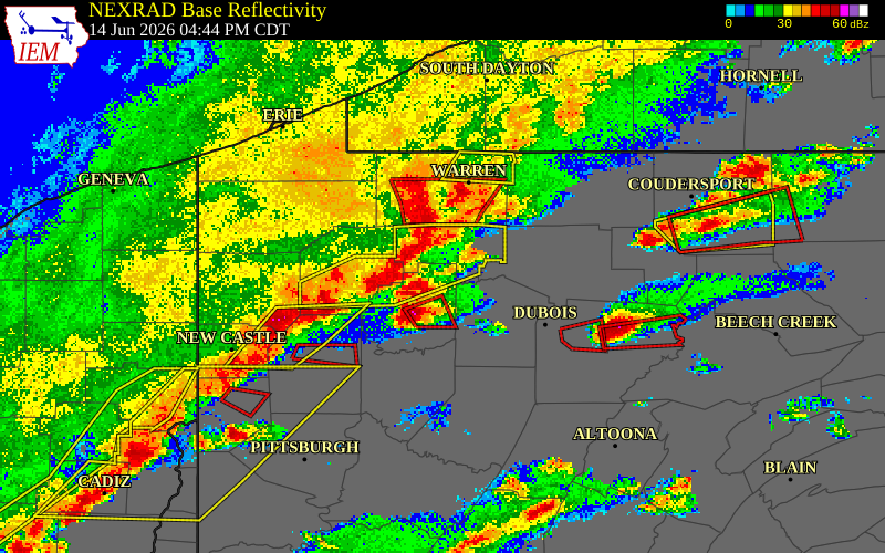 NEXRAD radar during the Sunday, June 14, 2026 storm activity in Clarion County, Pennsylvania