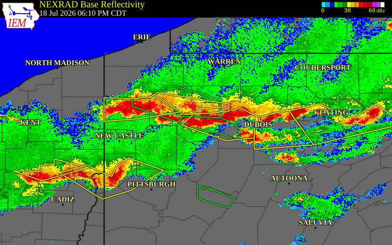 NEXRAD radar during the Saturday, July 18, 2026 storm activity in Clarion County, Pennsylvania