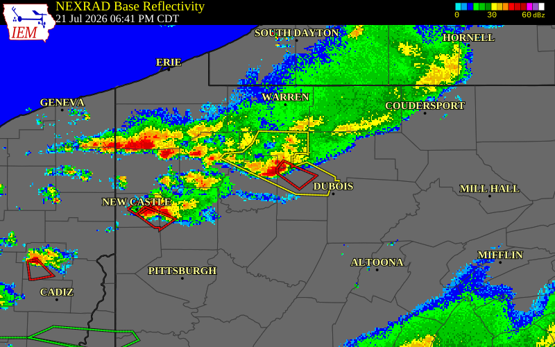 NEXRAD radar during the Tuesday, July 21, 2026 storm activity in Clarion County, Pennsylvania