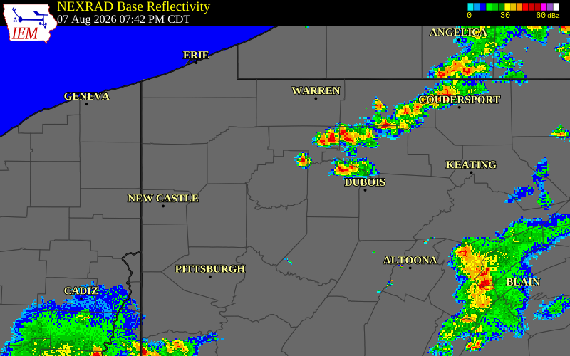 NEXRAD radar during the Friday, August 7, 2026 storm activity in Clarion County, Pennsylvania