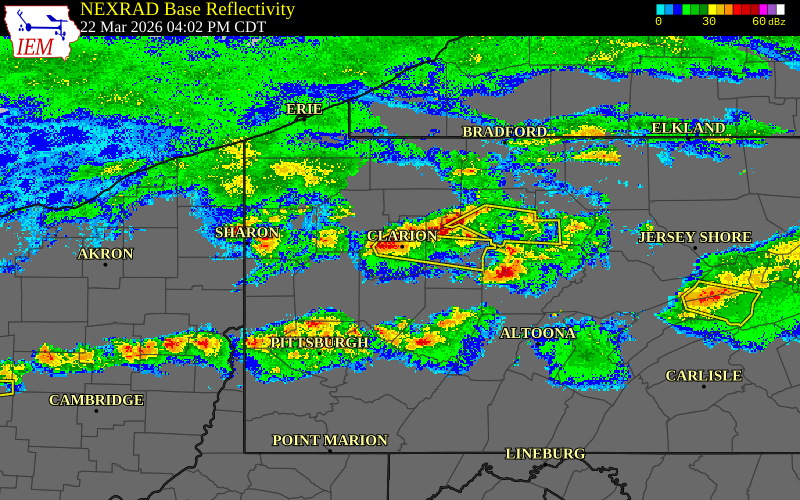 Radar snapshot during the Mar 22, 2026 hail event near 2 SW Clarion, Clarion County, Pennsylvania, with NWS warning polygons