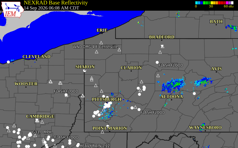 Current NEXRAD radar over Clarion County, Pennsylvania with recent storm report locations