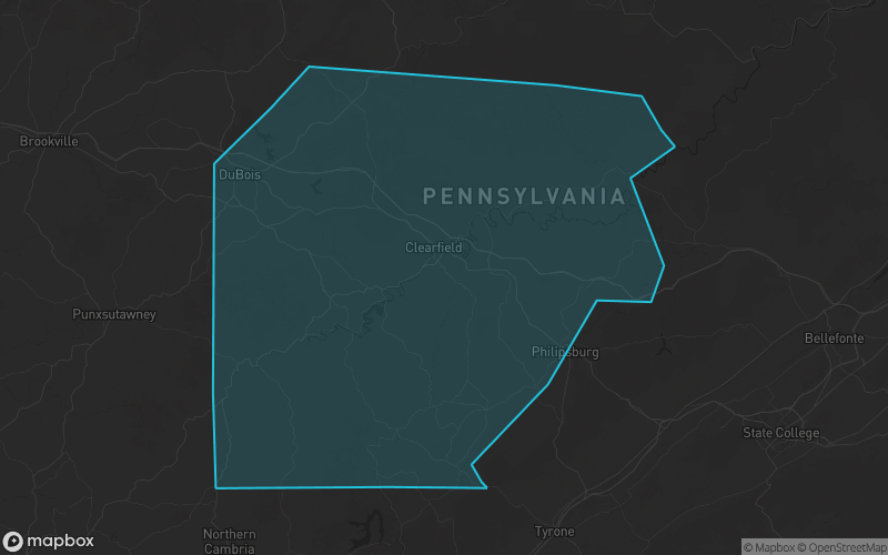 Map of Clearfield County, Pennsylvania showing the county boundary and surrounding cities